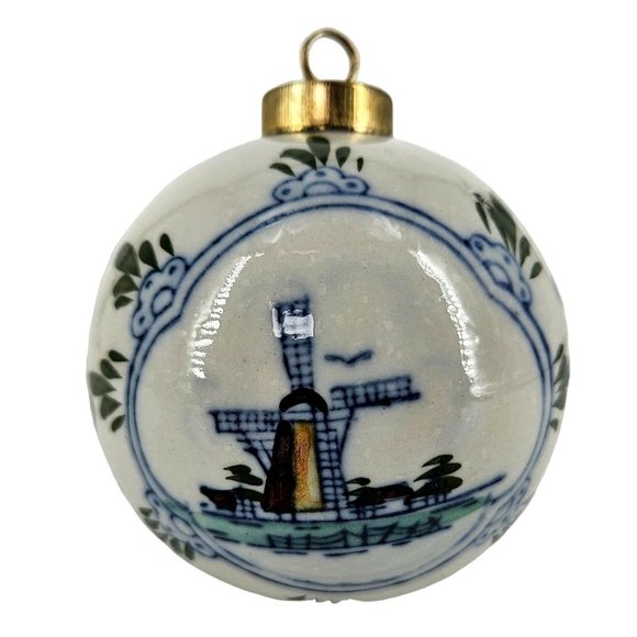 Royal Deft Blue Ware Dutch Holland Windmill Ceramic Christmas Ball Ornament 3" - Picture 1 of 10
